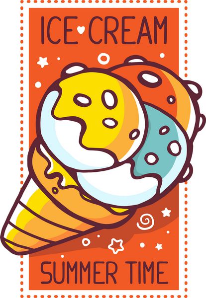 تصویر برداری از بستنی زرد با عنوان بستنی زمان تابستان بر روی زمینه سفید با قاب قرمز طراحی خط طراحی خط برای وب سایت تبلیغات بنر پوستر هیئت مدیره و چاپ