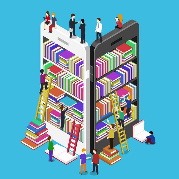 ایزومتریک آنلاین کتابخانه تلفن همراه بردار مفهوم تخت کتاب الکترونیکی 3D تصویر با مردم میکرو