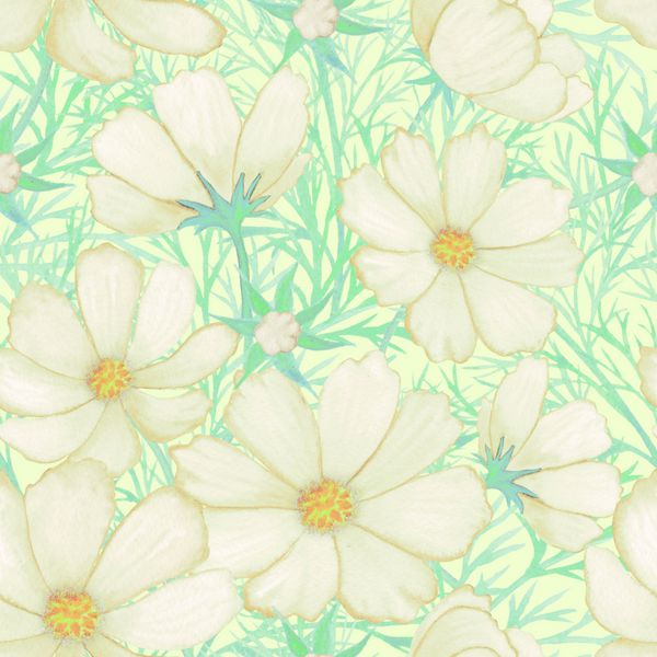آبرنگ Aquarelle بدون درز الگوی پس زمینه طبیعت با گل آبرنگ سفید و برگ های سبز