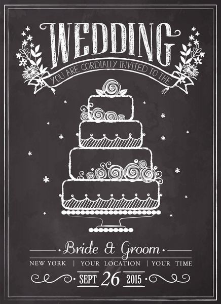 کارت دعوت عروسی کیک عروسی دست چپ بر روی تخته سیاه