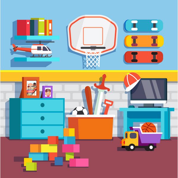 اتاق پسران با اسباب بازی اسباب بازی و حلقه بسکتبال تصویر بردار کارتونی سبک با اشیاء جدا شده
