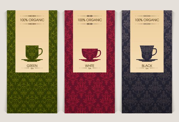 مجموعه ای از الگوهای بسته بندی چای برچسب بنر پوستر هویت نام تجاری پس زمینه با وکتور رنگی با آیکون فنجان طراحی شیک برای چای سیاه سفید و سبز