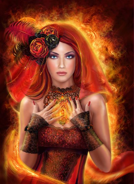 سحر و جادو فانتزی زن قرمز پری آتشین آتش پری گل قرمز آتشین و گردنبند سحر و جادو