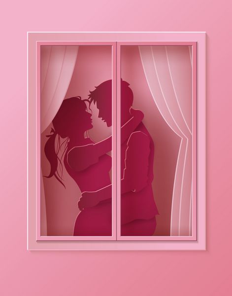 تصویر عشق و روز شاد زوج ایستاده و در آغوش نزدیک یک پنجره در اتاق صورتی هنر کاغذ و سبک صنایع دستی
