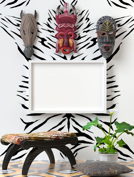 تکه تکه کردن داخلی قبیله ای صندلی چوبی با بالش نرم رنگی ماسک چوبی آفریقایی بر روی دیوار روی دیوار یک گورخر Calla سبز در طبقه روشن 3D رندر