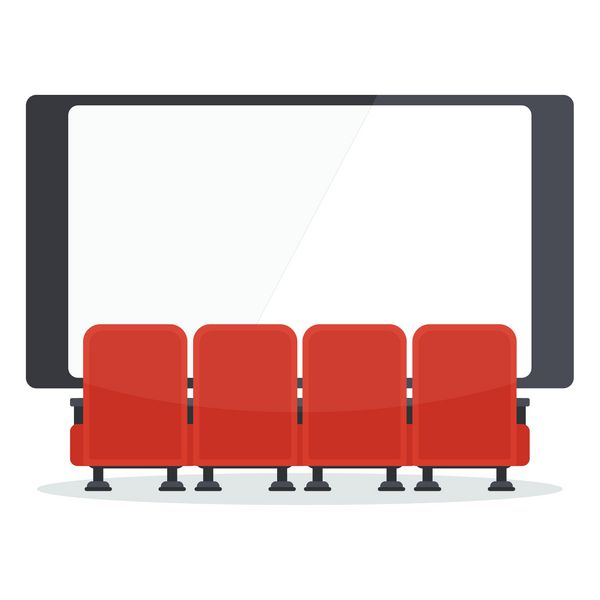 ردیف قرمز راحت نشسته در مقابل یک صفحه نمایش سینمایی تصویر برداری کارتونی براق اشیاء جدا شده بر روی زمینه سفید