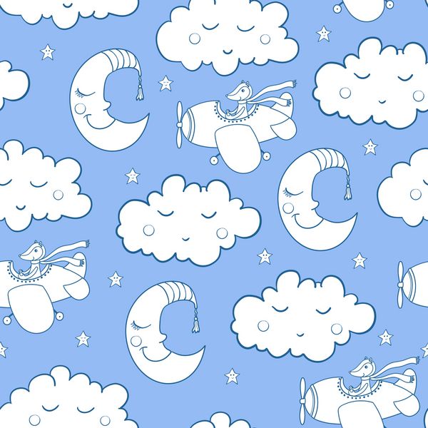 الگوی بدون درز بسیار جذاب با ابرهای خنده دار و هلال ماه خلبان ناز ناز در هواپیما برای پارچه پارچه داخلی اتاق خواب تصویر زمینه بالش پتو لباس خواب خوب برای خواب آرام