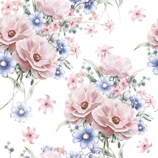 الگوی گلدار بدون درز با گل صورتی و برگ در زمینه سفید الگوی گلدار آبرنگ در رنگ پاستیل برای کاغذ دیواری کارت یا پارچه افزایش یافت طراحی پارچه