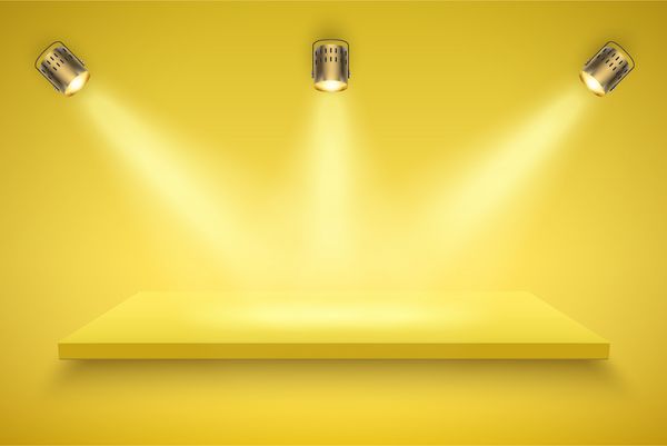 جعبه نور با سکوی زرد در پس زمینه زرد با سه نقطه نور قابل ویرایش پس زمینه تصویر برداری