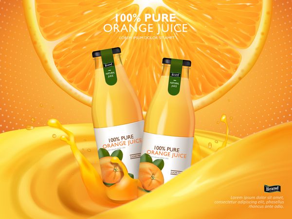 آب پرتقال موجود در بطری های شیشه ای آب میوه ای و پس زمینه نارنجی بریده شده است