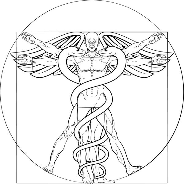 مفهوم پزشکی Caduceus پزشکی مفهوم مرد Vitruvian با شکل مانند نقاشی آناتومی لئونارد داوینچی