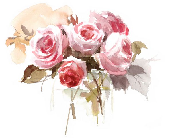 آبرنگ گل رز در گلدان گل سابقه و هدف بافت نقاشی دست نقاشی