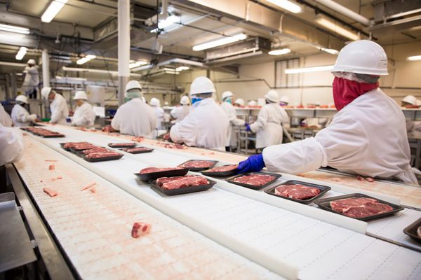 کارگران مسئولیت رسیدگی به گوشت را بر عهده دارند که بسته بندی حمل بار را در کارخانۀ کارخانه حمل می کنند