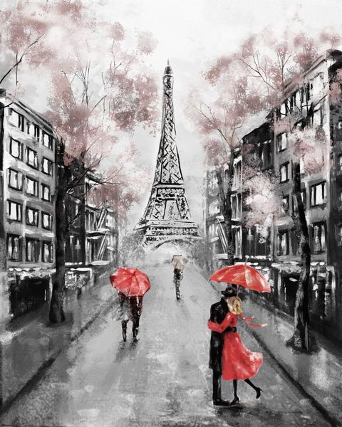 نقاشی نفت پاریس چشم انداز شهرستان اروپا فرانسه تصویر زمینه برج ایفل هنر مدرن زن و شوهر تحت چتر در خیابان