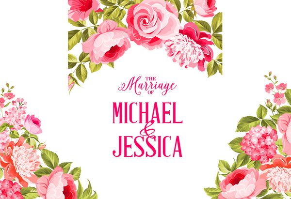 دعوت نامه ازدواج قالب دعوت نامه با گل های شکوفایی و متن سفارشی جدا شده بر روی سفید گل سرخ برای کارت دعوت تصویر برداری
