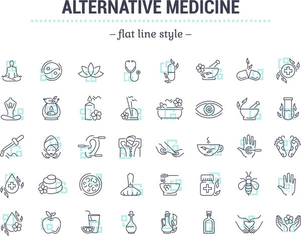مجموعه ای از گرافیک برداری ایکون ها در تخت کانتور طراحی نازک و خطی پزشکی جایگزین زیبایی طبیعی آیکون جدا شده ساده و ساده در backgroundConcept تصویر برای برنامه وب سایت علامت نماد نشان