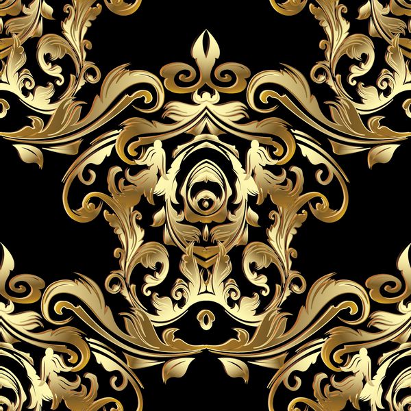 زیور آلات طلایی باروک تصویر زمینه الگوی بدون درز با گل و گیاه قرون وسطی قرون وسطایی و برگ بافت بردار لوکس پس زمینه سیاه