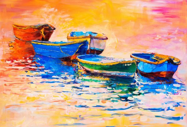 نقاشی روغن اصلی بر روی بوم قایق ها و غروب خورشید امپرسیونیسم مدرن