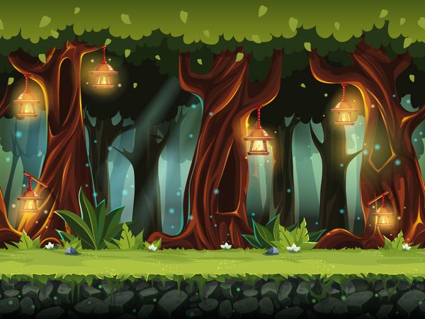 تصویر برداری کارتونی از جنگل پری برای UI بازی برای چاپ ایجاد فیلم یا طراحی گرافیک وب رابط کاربر کارت پوستر