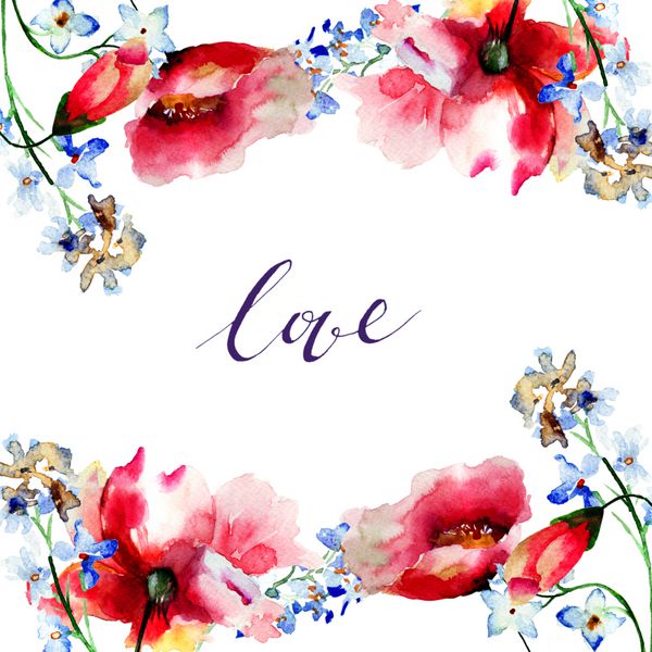 Seamless pattern with spring flowers and title love, watercolor illustration
