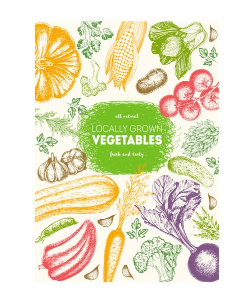 قاب دید در سبزیجات طرح منو بازار کشاورزان پوستر غذایی ارگانیک بردار دست نقاشی بردار گرافیک خطی