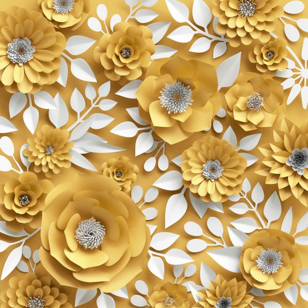 3d render digital illustration decorative yellow paper flowers background white leaves Valentine