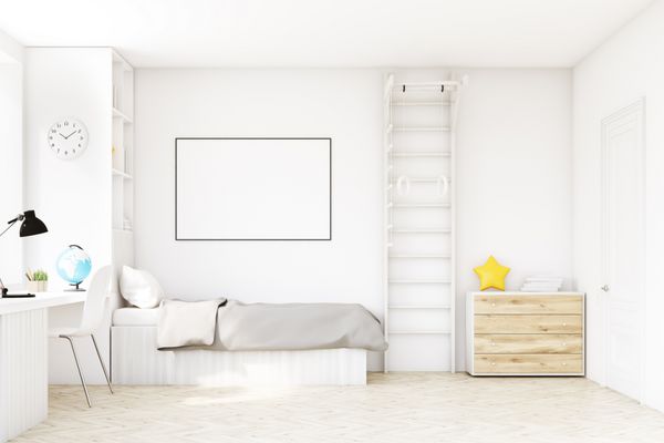 اتاق کودک با یک تخت با تخت خاکستری یک پنجره مربعی یک میز و یک قفسه کتاب یک نردبان با حلقه در گوشه وجود دارد رندر 3d مدل آزمایشگاهی ماکت