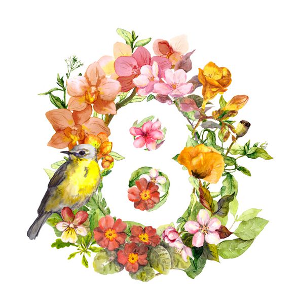 گل و پرنده کارت گل برای 8 مارس آبرنگ