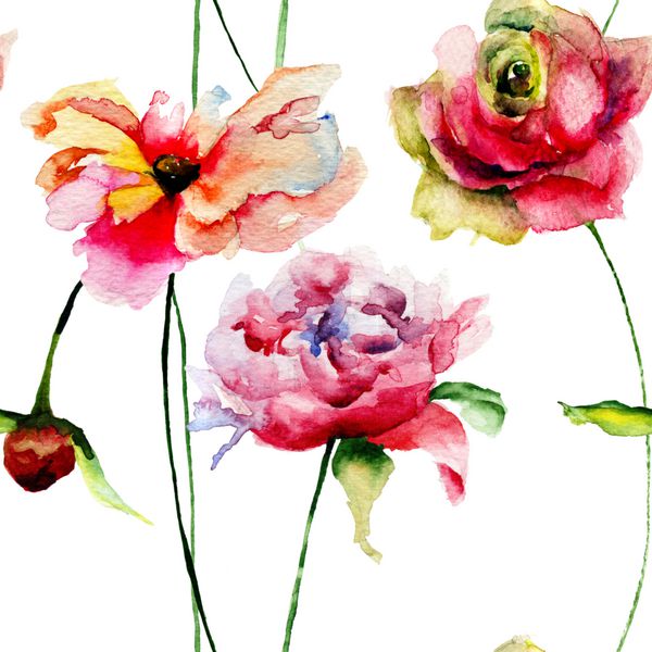 Seamless wallpapers with romantic flowers, watercolor illustration
