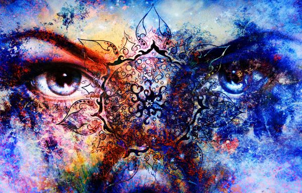 چشم زنان الهه پس زمینه چند رنگ با تزئینی mandala شرقی ارتباط چشمی