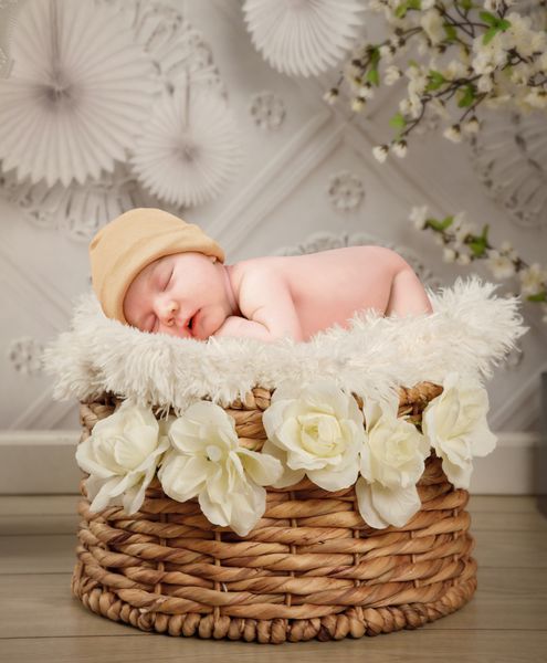 یک نوزاد تازه متولد شده در یک سبد با گل های سفید و یک پس زمینه دیوار بافت برای عکاسی پرتره یا مفهوم عشق خواب می یابد
