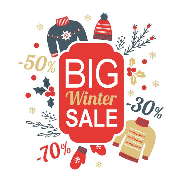 طرح بزرگ طراحی زمستان با تخفیف poinsettia شاخه کلاه پشمی ژاکت دستکش و برف در قرمز خاکستری و طلا ایده آل برای چاپ و آگهی ها