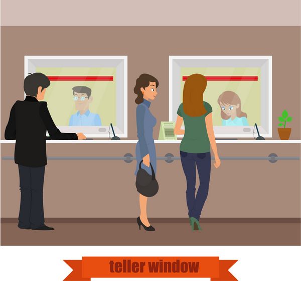 پنجره تلوزیون تکنولوژی مدرن کارگزاران فروش بانک با مشتریان کار می کنند تصویر برداری در یک سبک صاف