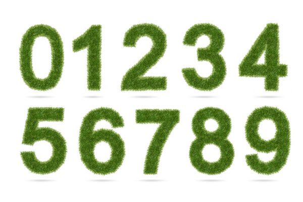 0 1 2 3 4 5 6 7 8 9 مجموعه ای از تعداد حروف الفبای سبز جدا شده بر روی زمینه سفید با مسیر قطع