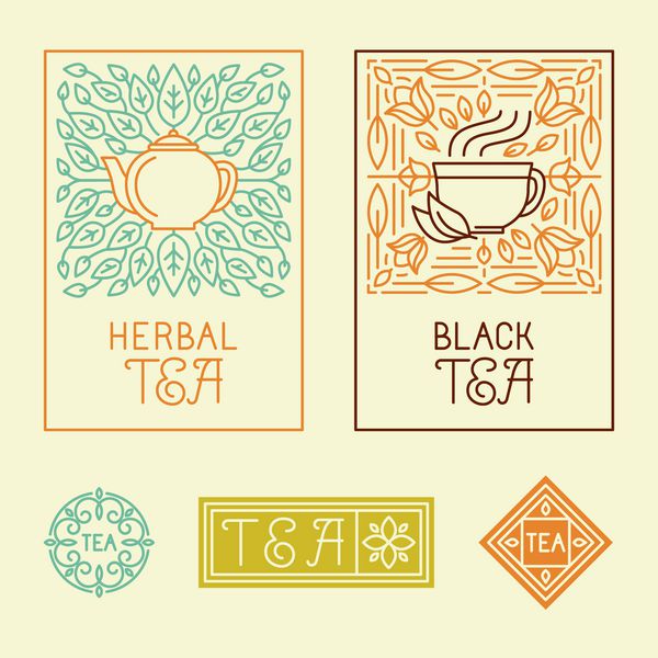 بسته بندی برچسب چای سبز و مدالها در سبک خطی مدرن آیکون ها و مدالها چای گیاهی و گیاهی آلی