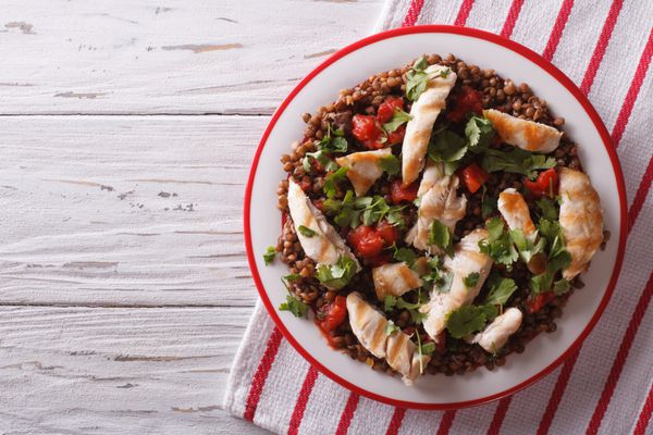 Grilled chicken with lentils and cilantro on a plate. horizontal view from above
