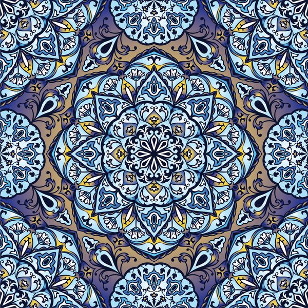 رنگارنگ لعابی بدون درز الگو از mandalas الگوی بردار شرقی در تن آبی روشن پری گل الگوی عناصر دایره ای می تواند برای منسوجات فرش کاشی شال استفاده شود