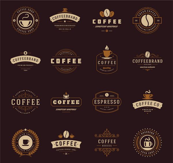 عناصر طراحی لوگو مدالها و برچسب ها در کافی شاپ جام لوبیا کافه سبک پرنعمت اشیاء با وکتور یکپارچهسازی با سیستمعامل