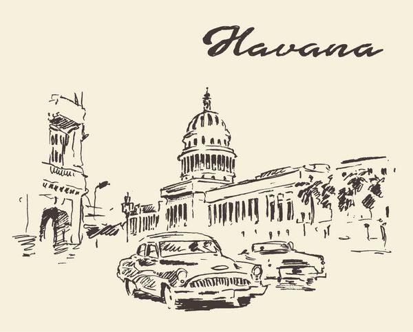 خیابان های هاوانا با ماشین های قدیمی تصویر حکاکی پرنعمت دست کشیده طرح