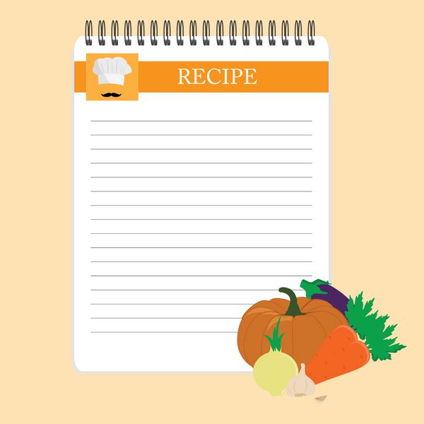 کارت دستور العمل بروشور آشپزخانه قالب قالب بردار دفترچه یادداشت آشپزی بر روی میز با سبزیجات