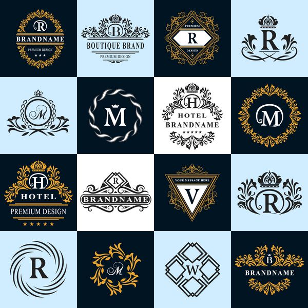 عناصر طراحی طنز قالب ظریف طراحی لوگو زیبا طراحی خط تولید نشانه emblem letter R B M H V W برای Royalty کارت ویزیت بوتیک هتل Heraldic تصویر برداری