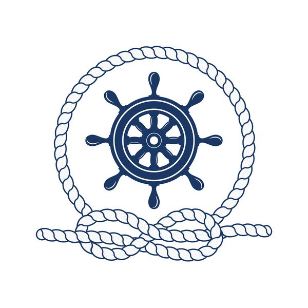 نشان ماهیگیری دریایی تصویر برداری از چرخ دنده دریایی قاب گرد از طناب کاپیتان هلم موتور دریایی نماد ملوان بادبان کروز و دریا عنصر آیکون و طراحی نماد دریایی