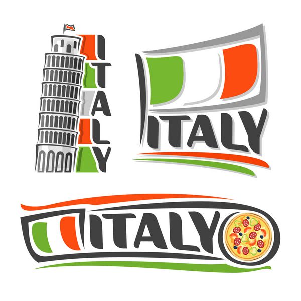 تصویر برداری از لوگو برای معماری ایتالیا متشکل از سه تصویر جداگانه با پرچم ملی ایتالیایی پرچم برج خم پیزا و پیتزا ایتالیایی در یک پس زمینه سفید