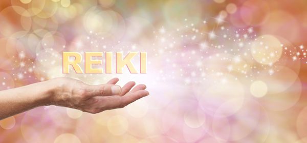 Golden Reiki Healing Energy Share Female with outstretched hand palm facing up and the word