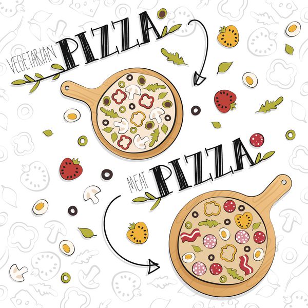 قالب منو ایتالیایی پیتزا با مواد لازم برای پیتزا پیتزا دستی بر روی هیئت مدیره پیتزا گوشتی و گوشتی تصویر برداری