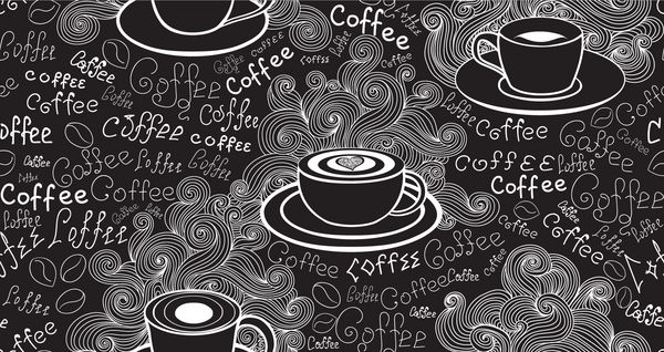 الگوی بدون درز با غذا و نوشیدنی با فنجان قهوه و کلمات مختلف