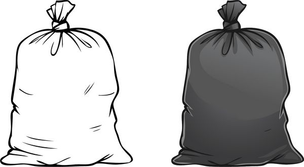 تصویر برداری کارتونی از کیسه زباله کامل سیاه و سفید جدا شده بر روی سفید