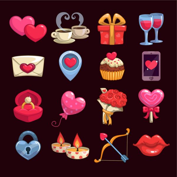 Cartoon love and passion icons vector stickers for Valentine