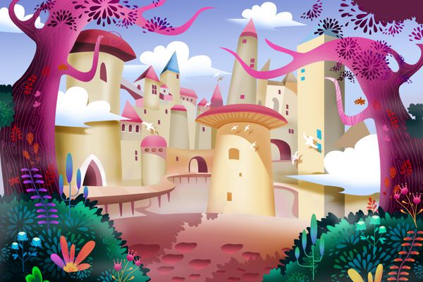 Illustration: Forest Castle. Realistic Fantastic Cartoon Style Artwork Scene, Wallpaper, Story Background, Card Design
