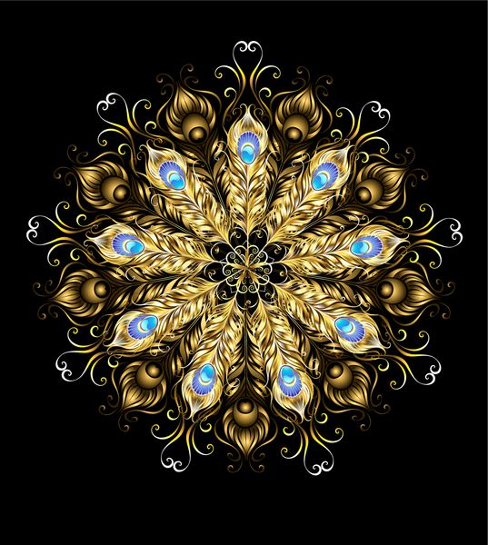 Mandala of gold peacock feathers, decorated with turquoise on black background.
